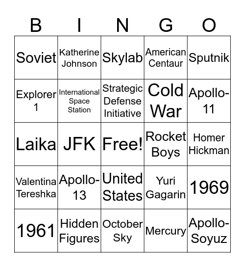 Space Race Bingo Card