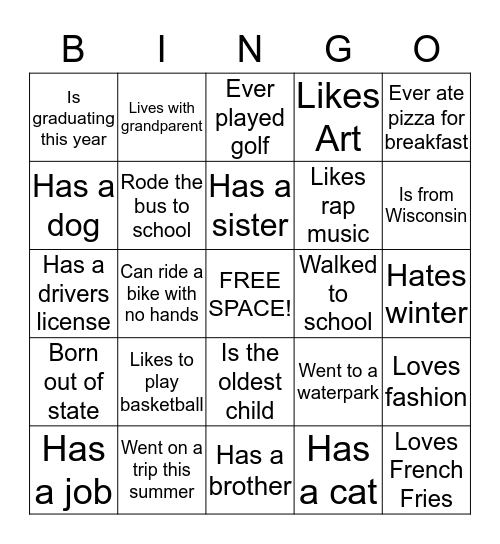 First Day of School Bingo Card