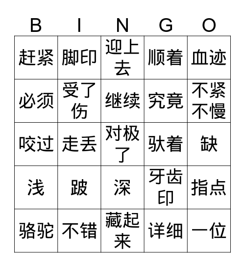 找骆驼 Bingo Card