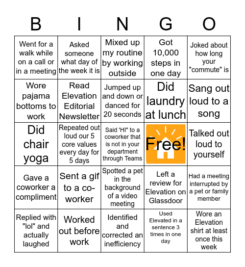 Elevation Bingo Card