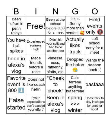 Mount olive track bingo ! Bingo Card