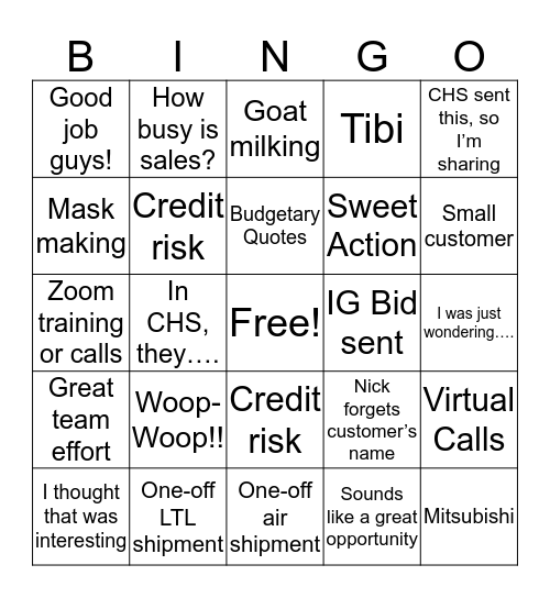 Sales Bingo Card