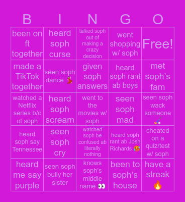 Soph’s Bingo Card