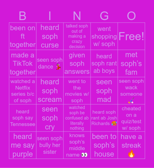 Soph’s Bingo Card