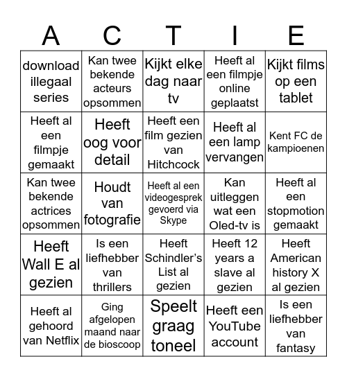 1 rij met verschillende namen =  "ACTIE!" Bingo Card