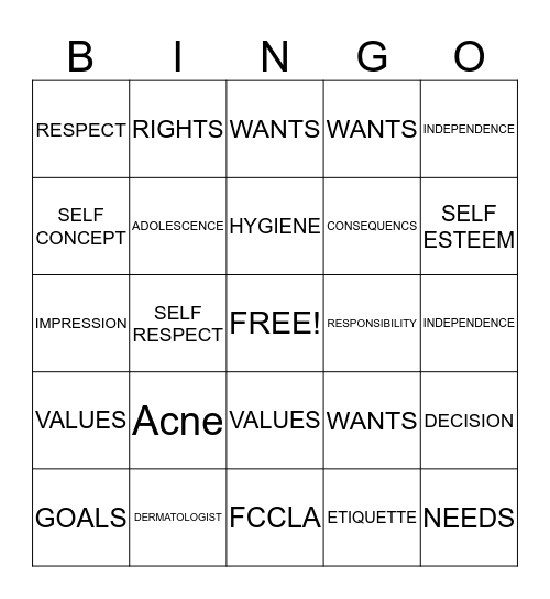 FACS-UNIT 2 VOCABULARY Bingo Card