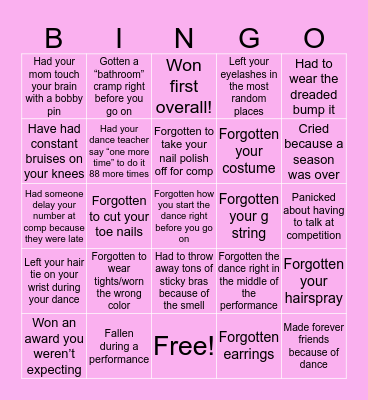 Dancer Bingo Card