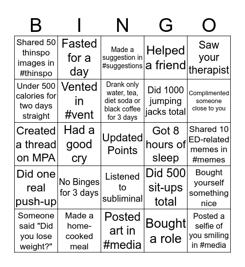 Camp Thin Bingo #1 Bingo Card