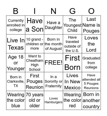 Pouges Family BINGO Card