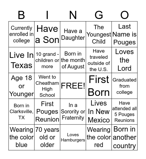 Pouges Family BINGO Card