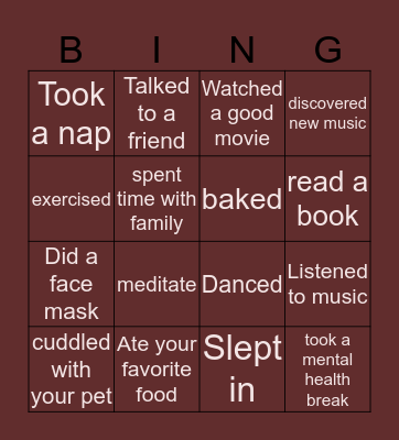 Self-Care Bingo Card