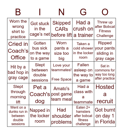 Bates Softball BINGO Card