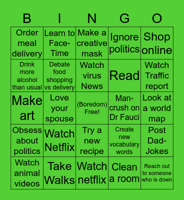 Shelter in Place Bingo Card