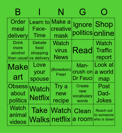 Shelter in Place Bingo Card