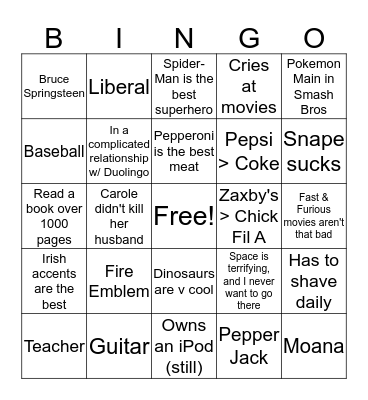 Jake Bingo Card