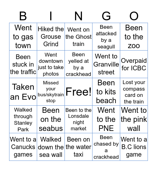 VANCOUVER Bingo Card