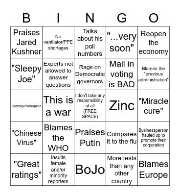 White House Covid-19 Press Briefing Bingo Card