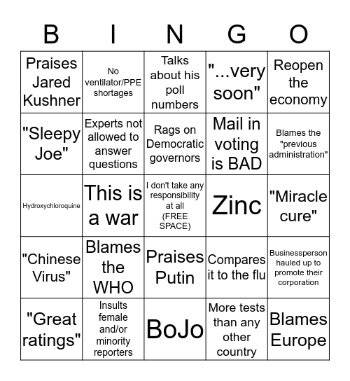 White House Covid-19 Press Briefing Bingo Card