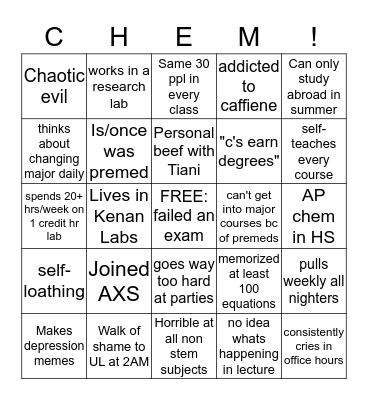 UNC CHEMISTRY BINGO Card