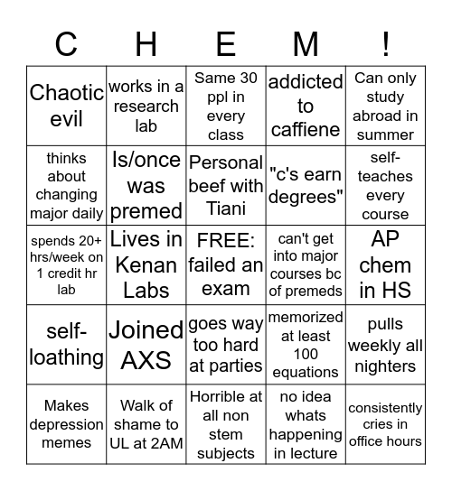 UNC CHEMISTRY BINGO Card