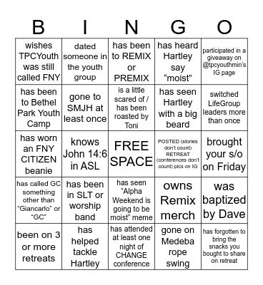 TPCYOUTH SENIOR HIGH Bingo Card