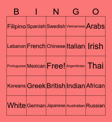 Ethnic Attractions Bingo Card