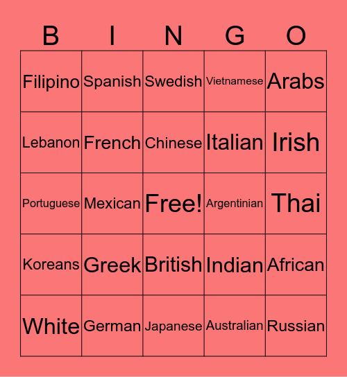 Ethnic Attractions Bingo Card