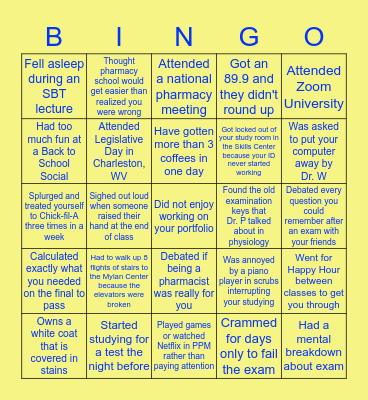 WVU School of Pharmacy Bingo Card