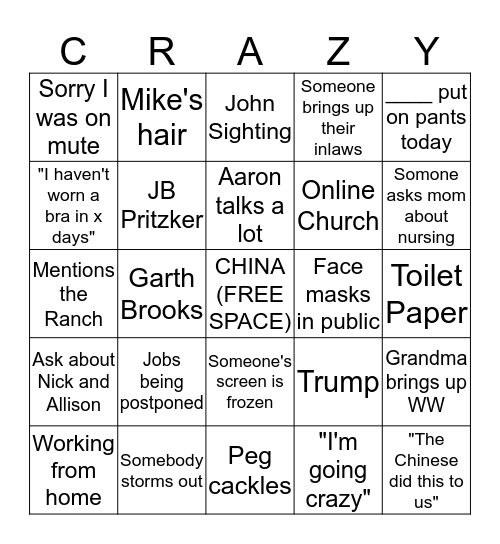 McGuire Zoom 2020 Bingo Card