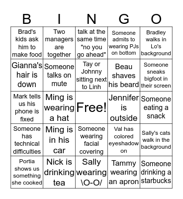 D535 Video Call Bingo Card