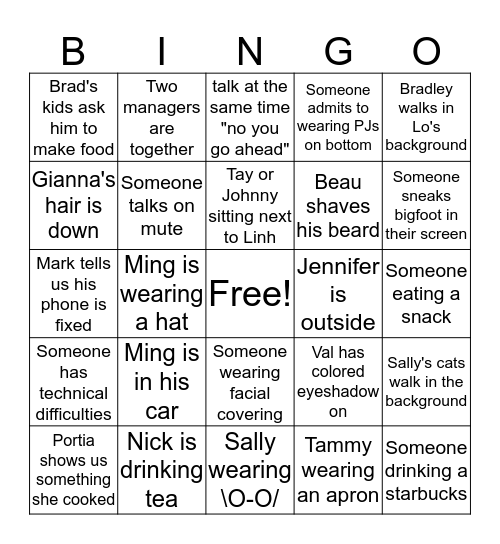 D535 Video Call Bingo Card