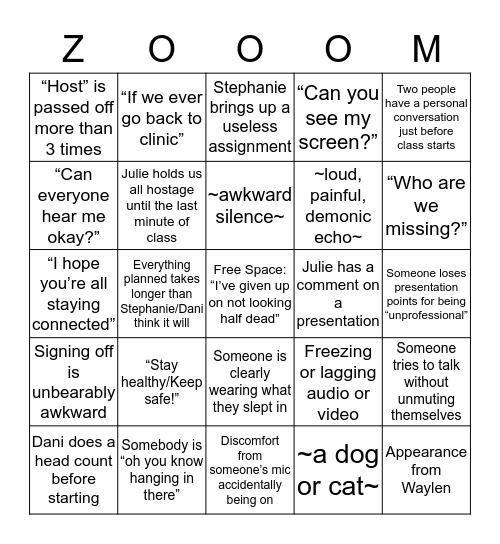 Friday Morning Class Bingo Card
