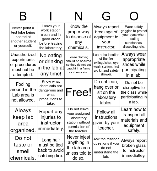 Lab and Home Safety Bingo Card