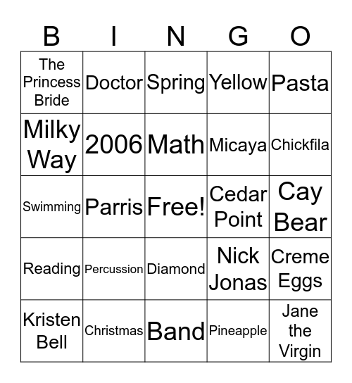 Micaya Bingo Card