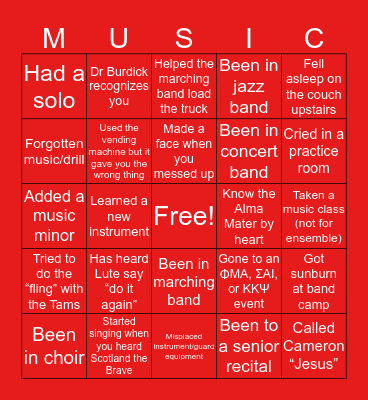 EUP Music Department Bingo Card