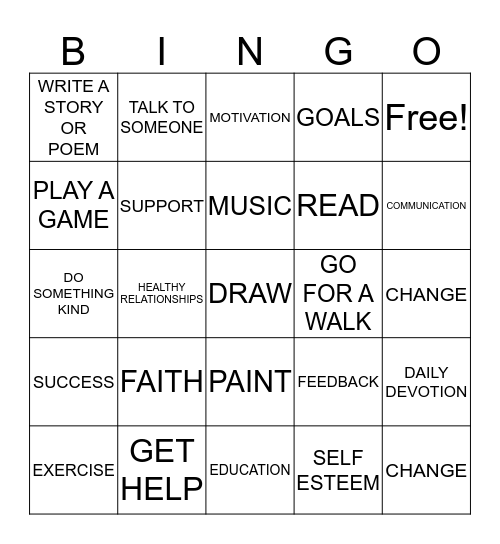 RECOVERY Bingo Card