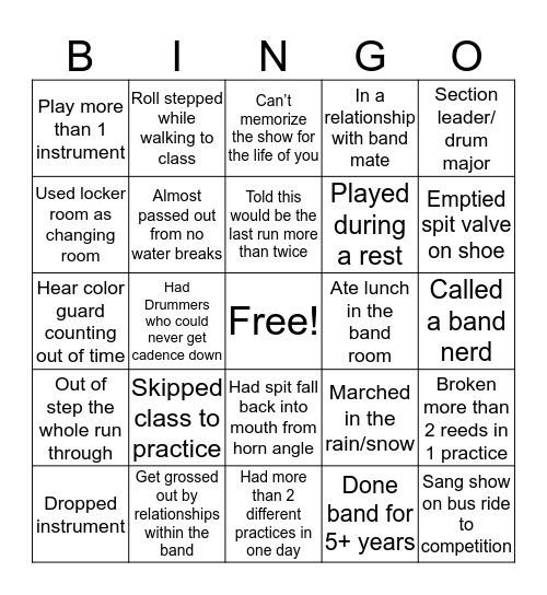 Band/ Marching Band Bingo Card