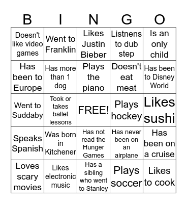 Getting to Know You! Bingo Card