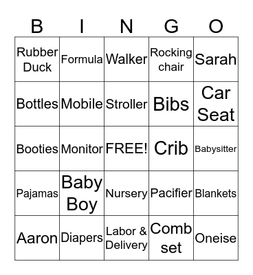 Sarah's Baby Shower Bingo Card