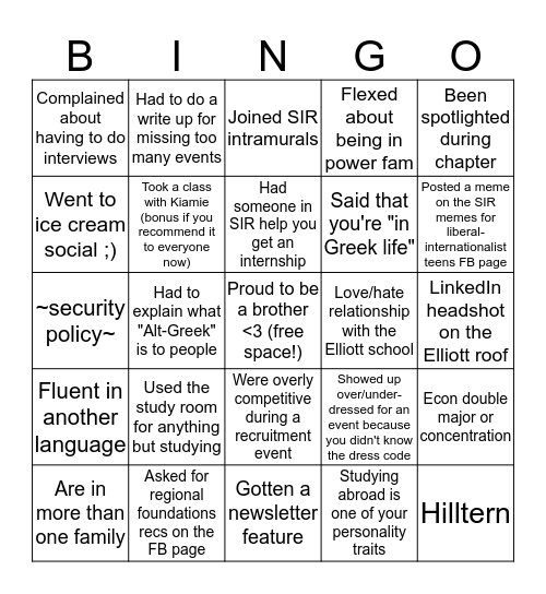 SIR Bingo Card