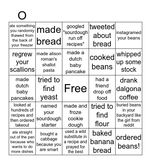 Quarantine Cooking Bingo Card