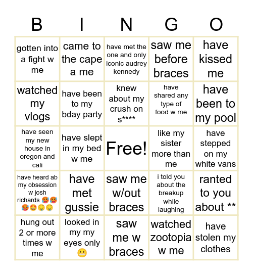 avery’s🥵🤩💗🍪💜🥶🐠🔫 Bingo Card