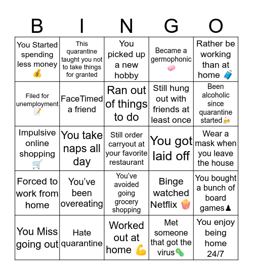 Quarantine Bingo Card