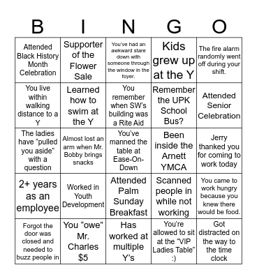 Southwest YMCA Bingo Card