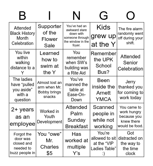 Southwest YMCA Bingo Card