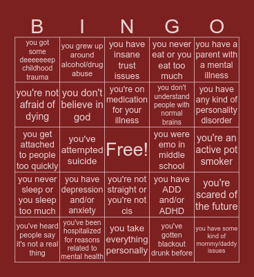 mental illness bingo 😳 made for u by kyzah Bingo Card