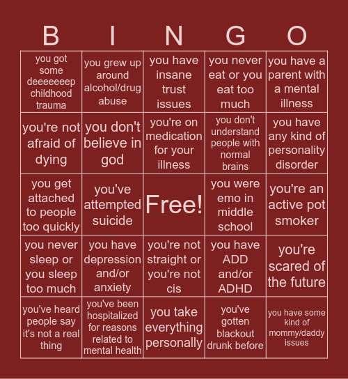 mental illness bingo 😳 made for u by kyzah Bingo Card