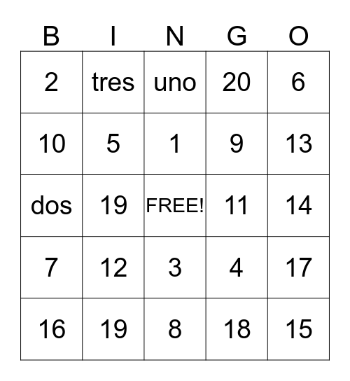 Los Numeros Bingo Card