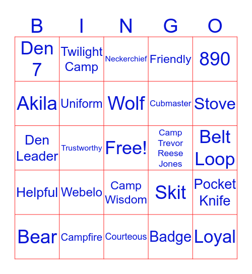 DEN 7 CUB SCOUT BINGO Card