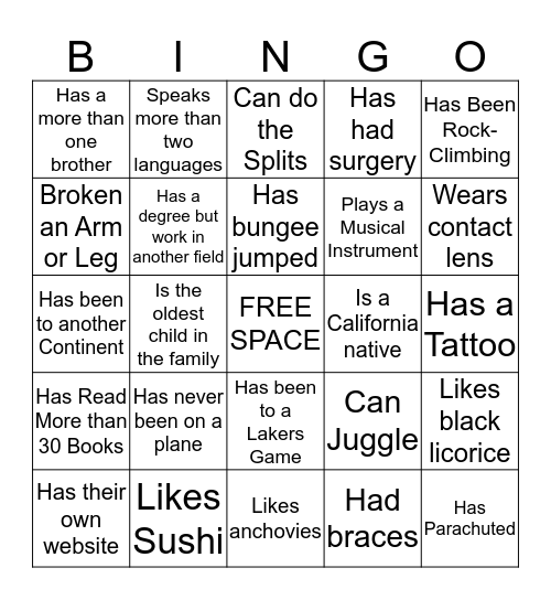 'Who do you know?' Bingo Card